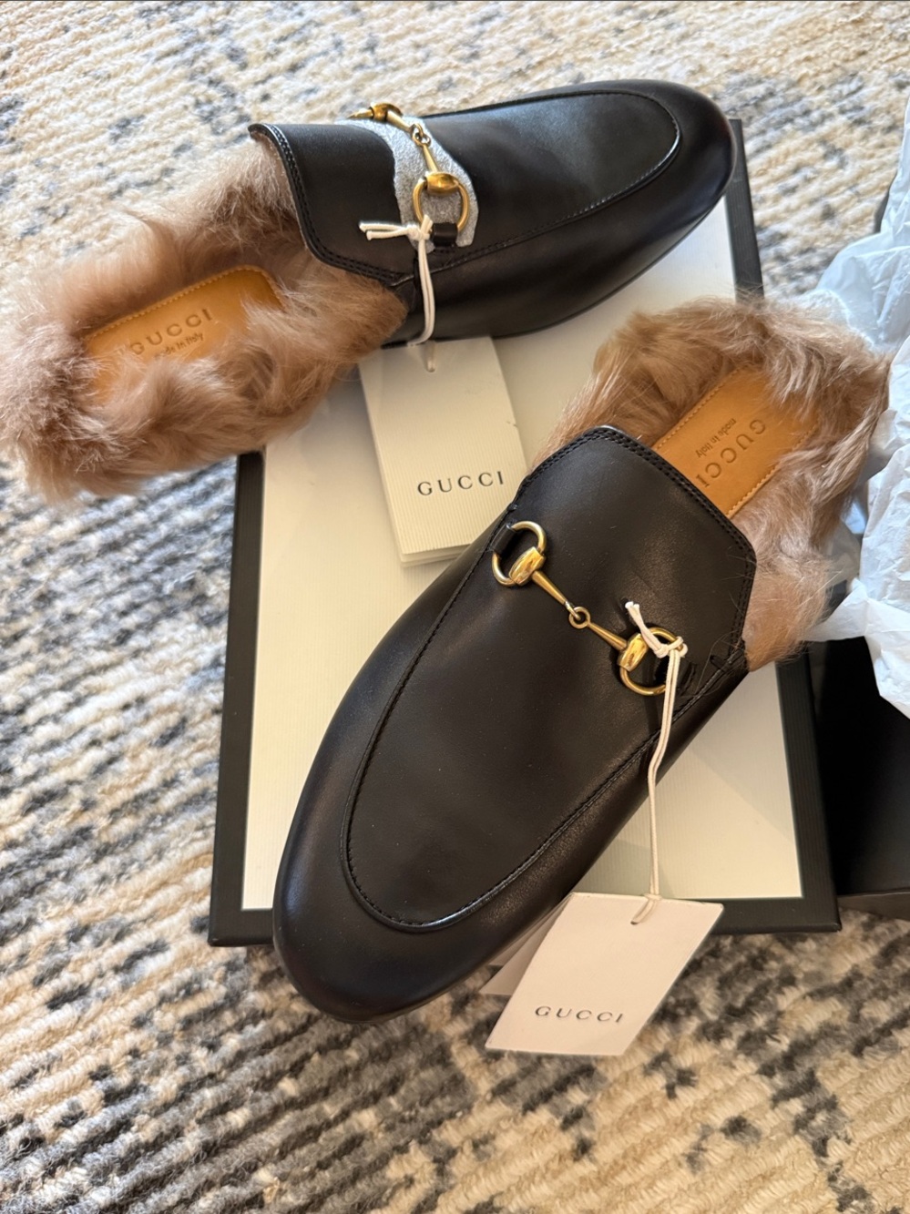 Gucci Black Leather Fur-Lined Horsebit Slipper Loafers